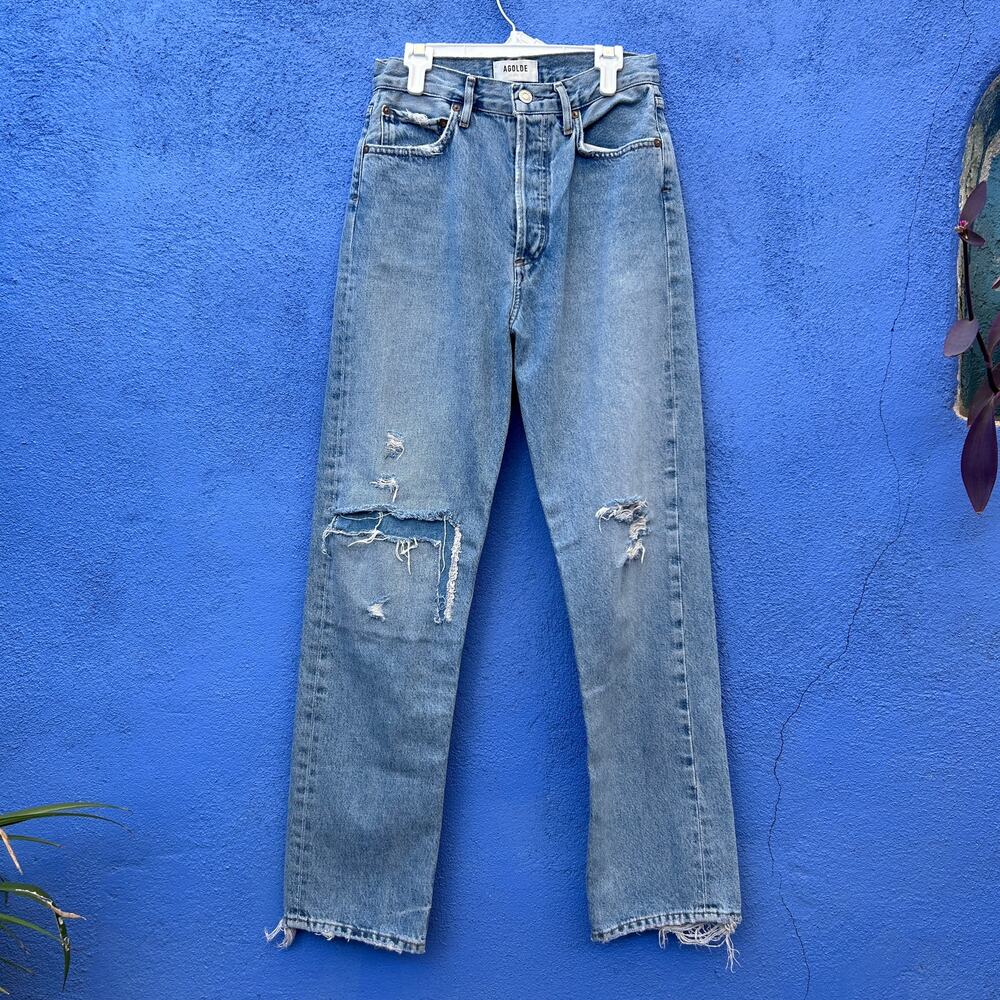 agolde light wash high rise organic cotton straight leg distressed jean